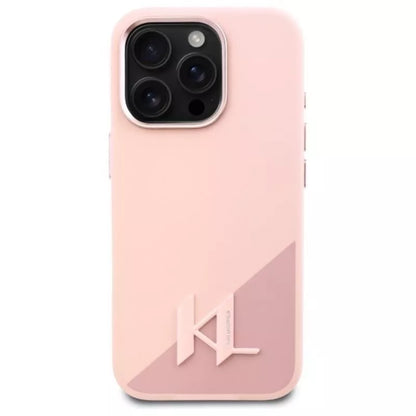 Karl Lagerfeld Silikoninis Shadow Metal Initial MagSafe dėklas iPhone 16 Pro (rožinis)