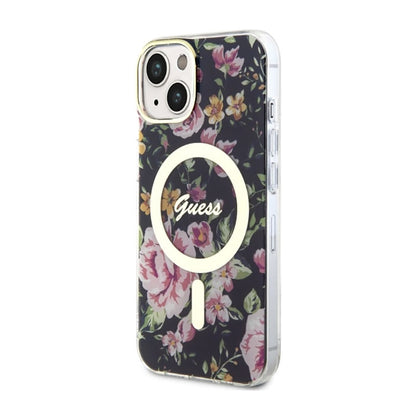 Guess Flower MagSafe – dėklas iPhone 14 Plus (juoda)