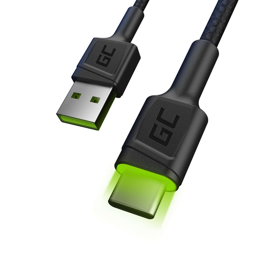 Green Cell Ray USB laidas - USB-C 120cm su žaliu LED apšvietimu ir palaiko greitą įkrovimą Ultra Charge, QC 3.0