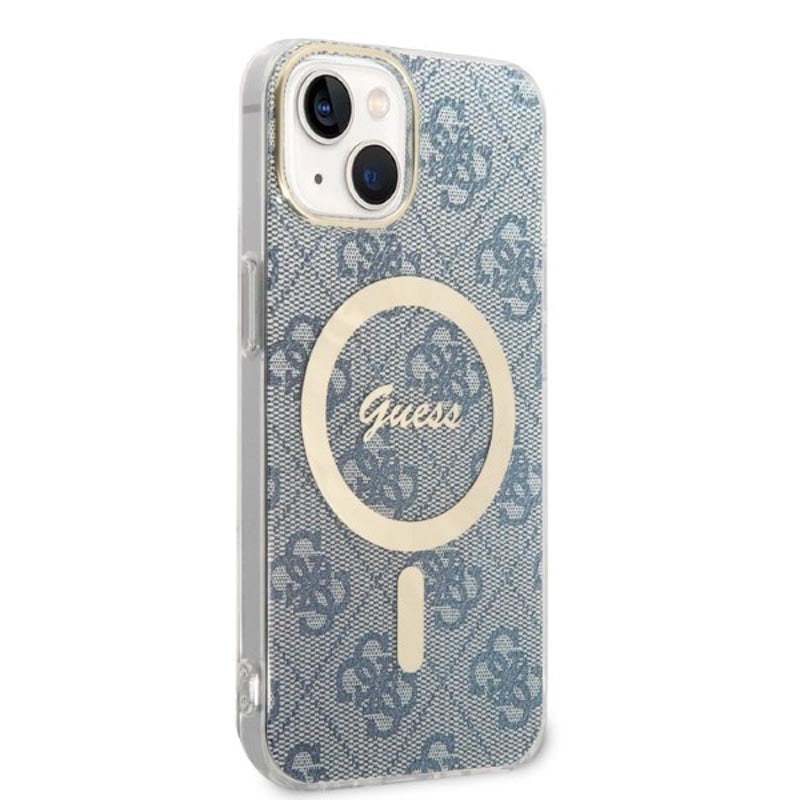 Guess Bundle Pack MagSafe 4G – dėklų rinkinys iPhone 14 + MagSafe įkroviklis (mėlyna/auksinė)