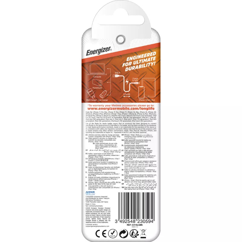 Energizer HardCase - USB-A į Lightning jungiamasis laidas, MFi sertifikuotas, 1,2 m (juodas)