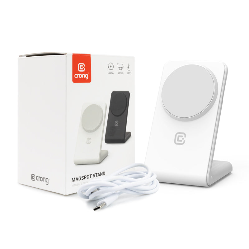 Crong MagSpot Stand - 2-in-1 belaidis įkroviklis su MagSafe, skirtas iPhone ir AirPods (baltas)