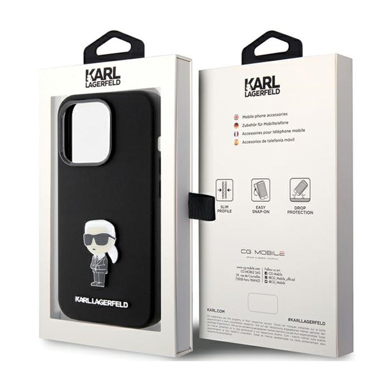 Karl Lagerfeld Silicone Ikonik Metal Pin – iPhone 15 Pro dėklas (juodas)