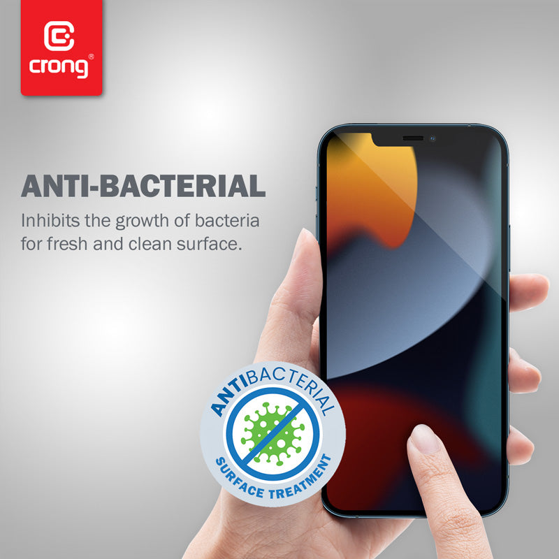 Crong Anti-Bakterinis 3D Armor Glass – 9H grūdintas stiklas visam ekranui iPhone 14 Plus / iPhone 13 Pro Max + montavimo rėmelis