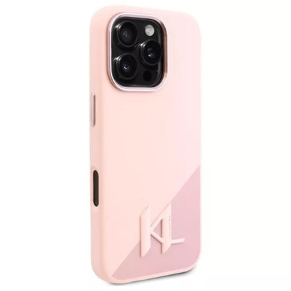 Karl Lagerfeld Silikoninis Shadow Metal Initial MagSafe dėklas iPhone 16 Pro (rožinis)