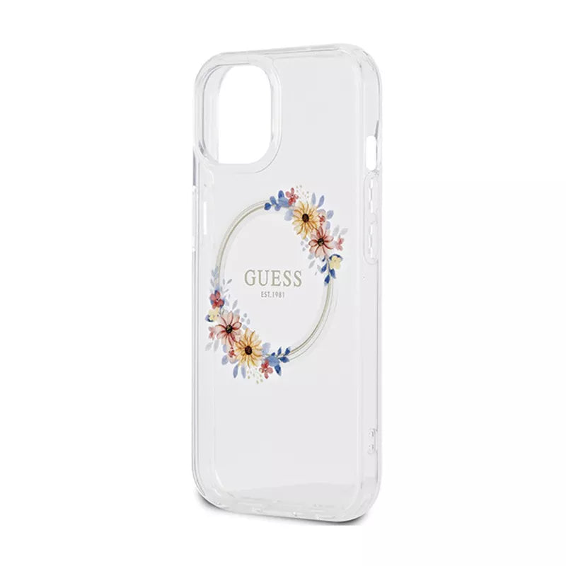 Guess IML Flowers Wreath MagSafe – dėklas, skirtas iPhone 15 (skaidrus)
