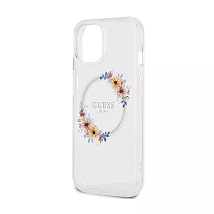 Guess IML Flowers Wreath MagSafe – dėklas, skirtas iPhone 15 (skaidrus)