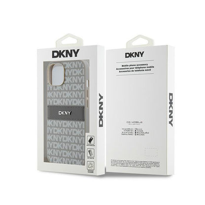 DKNY Odinis Monogram Juostelė ir Metalinis Logotipas - „iPhone 14“ / 15 / 13 Dėklas (smėlio spalvos)