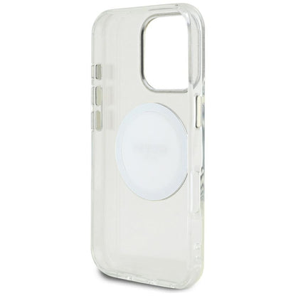 Guess IML Metal Colored Circle Classic Logo MagSafe - dėklas, skirtas iPhone 16 Pro Max (baltas)