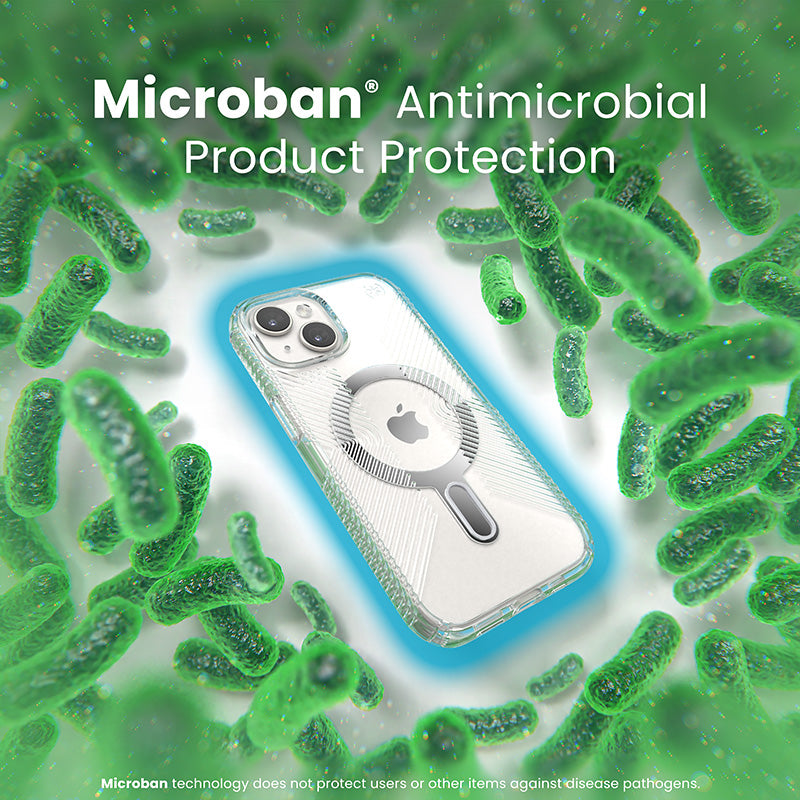 Speck Presidio Perfect-Clear Grip ClickLock & MagSafe – dėklas skirtas iPhone 16e / iPhone 15 / iPhone 14 / iPhone 13 (skaidrus / chromo apdaila / ramus sidabras)