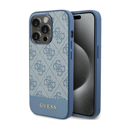 Guess 4G Bottom Stripe Metal Logo Collection - dėklas, skirtas „iPhone 15 Pro“ (mėlyna)