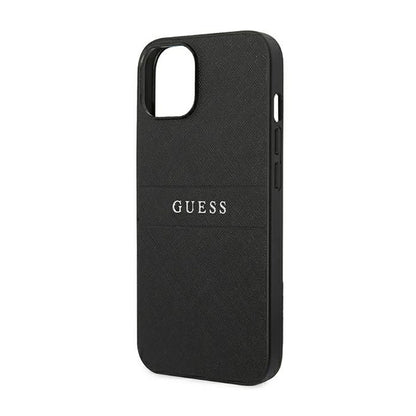 Guess Saffiano Metal Logo Stripes – dėklas, skirtas „iPhone 14 Plus“ (juodas)