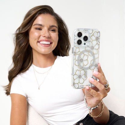 Case-Mate Floral Gems dėklas su MagSafe, skirtas iPhone 16 Pro (auksinis)