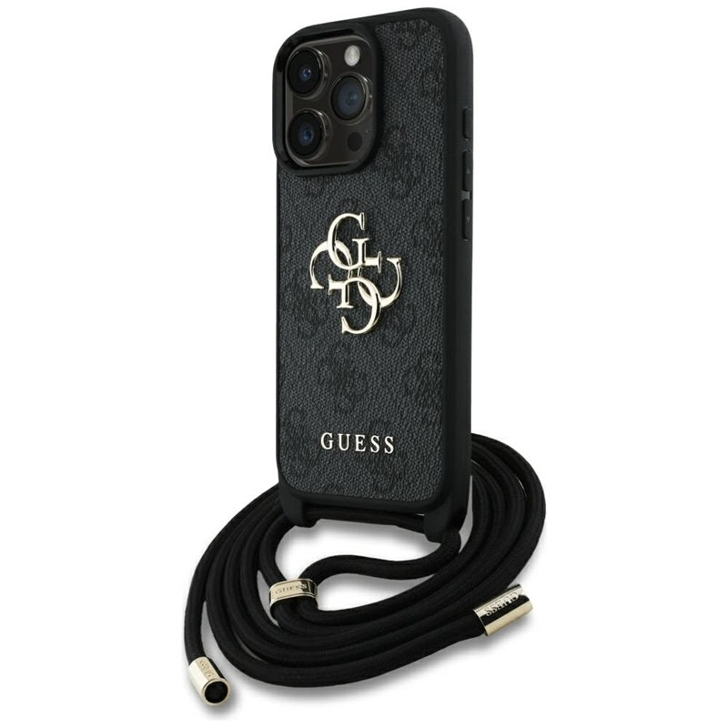 Guess 4G Big Logo Cord Strap Crossbody – dėklas, skirtas iPhone 16 Pro Max (juodas)