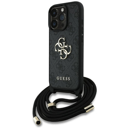 Guess 4G Big Logo Cord Strap Crossbody – dėklas, skirtas iPhone 16 Pro Max (juodas)