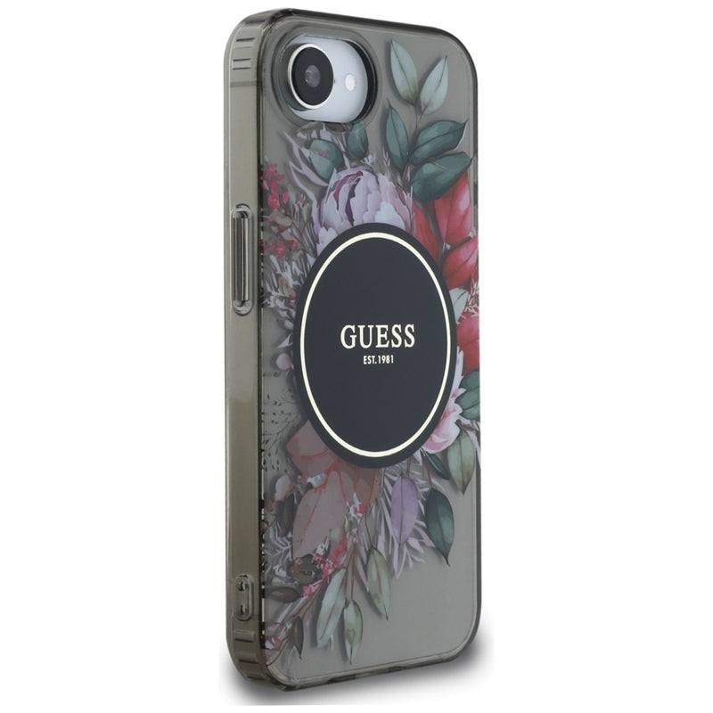 Guess IML Flowers MagSafe – dėklas skirtas iPhone 16e (juodas)