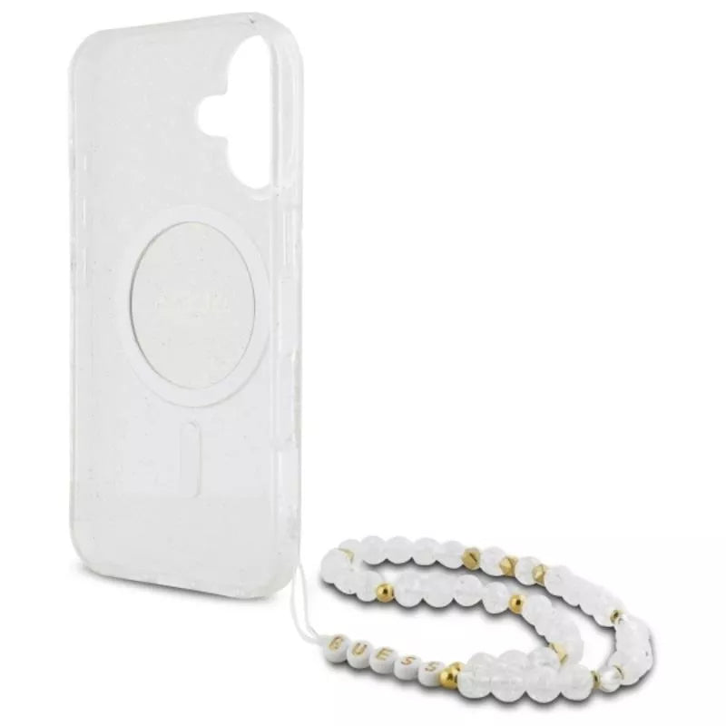Guess IML Glitter With Pearl Strap MagSafe – dėklas, skirtas iPhone 16 (Skaidrus)