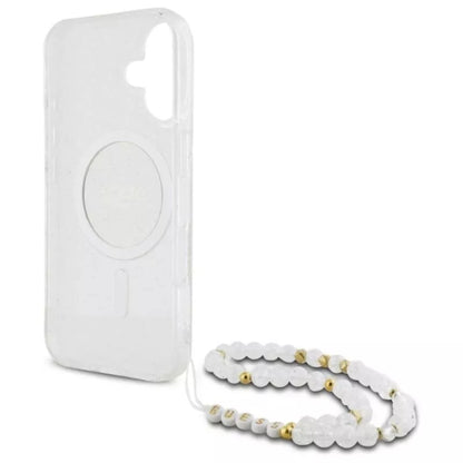 Guess IML Glitter With Pearl Strap MagSafe – dėklas, skirtas iPhone 16 (Skaidrus)