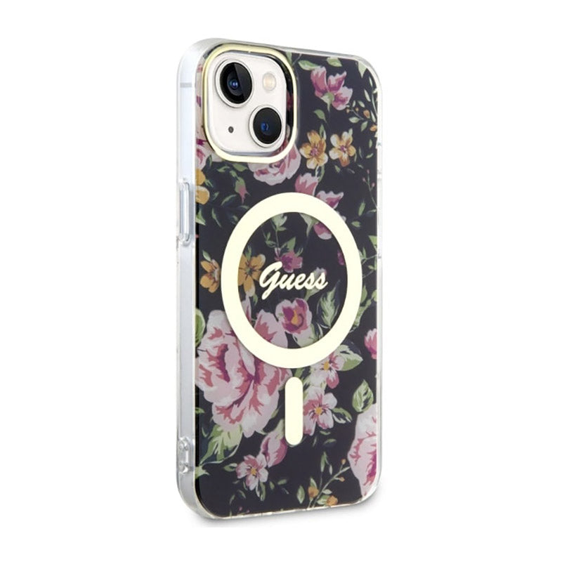 Guess Flower MagSafe – dėklas iPhone 14 Plus (juoda)