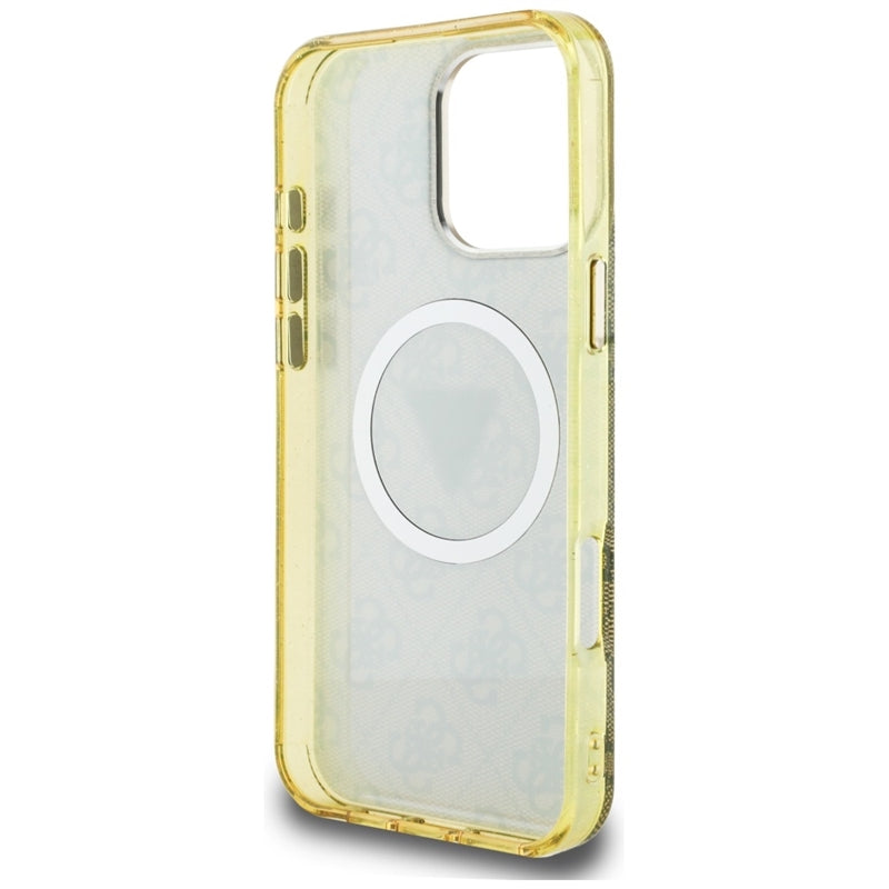 Guess IML Metal Glitter 4G Circle Triangle MagSafe – dėklas, skirtas iPhone 16 Pro Max (rudas)
