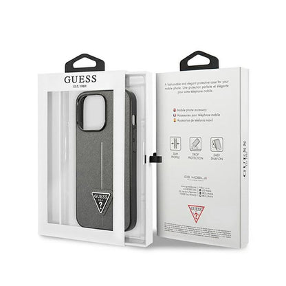 Guess Saffiano Triangle Logo dėklas – dėklas, skirtas iPhone 14 Pro (sidabrinis)
