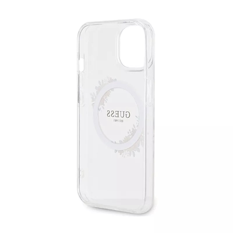 Guess IML Flowers Wreath MagSafe – dėklas, skirtas iPhone 15 (skaidrus)