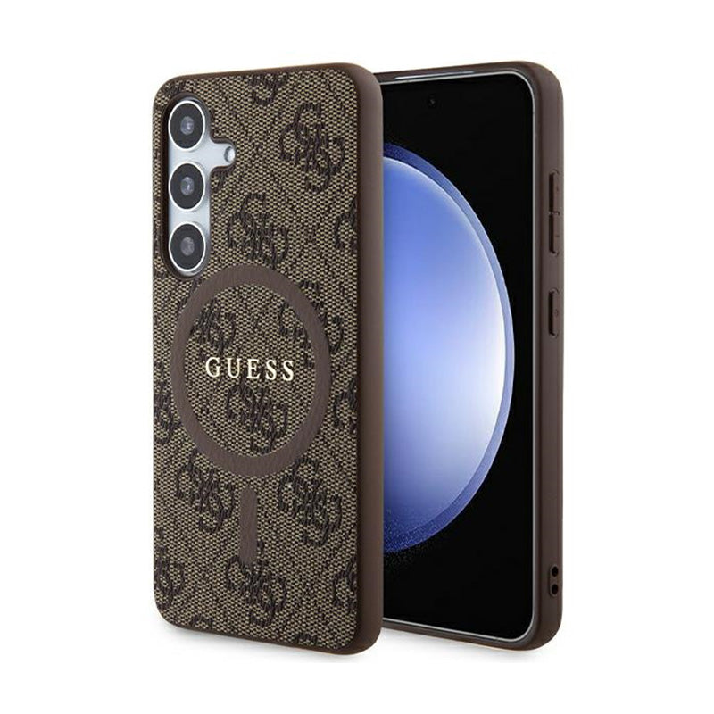 Guess 4G kolekcija Odinis Metalo Logotipas MagSafe - Dėklas Samsung Galaxy S24 (Ruda)