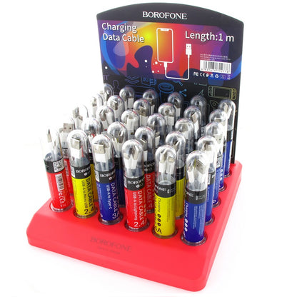Borofone - kabelių rinkinys, supakuotas į tūbeles, ant stalviršio stovo