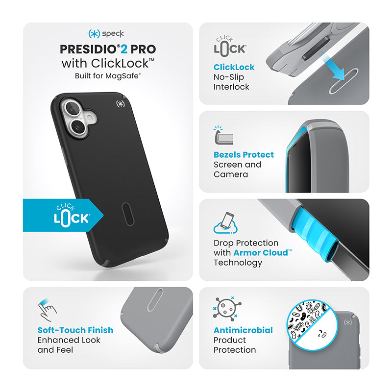 Speck Presidio2 Pro ClickLock ir MagSafe – dėklas skirtas iPhone 16 Plus (juoda / šiferio pilka / balta)