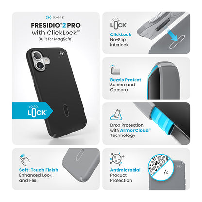 Speck Presidio2 Pro ClickLock ir MagSafe – dėklas skirtas iPhone 16 Plus (juoda / šiferio pilka / balta)