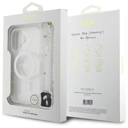Guess IML Glitter With Pearl Strap MagSafe – dėklas, skirtas iPhone 16 (Skaidrus)