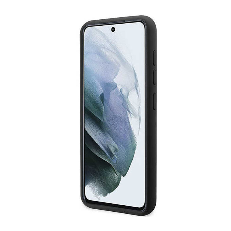 Guess silikoninis dėklas su metaliniu užrašu logotipu, skirtas Samsung Galaxy S23+ (Juodas)