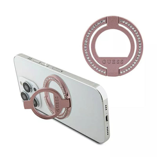 Guess MagSafe žiedo laikiklis su cirkoniais - Magnetinis pirštų laikiklis telefonui su stovo funkcija (Rožinė)