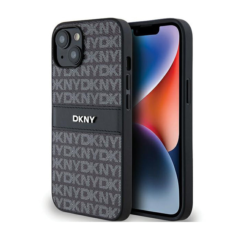 DKNY Odinis Dėklas su Mono Juostele ir Metaliniu Logotipu, skirtas iPhone 14 / 15 / 13 (juodas)