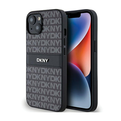 DKNY Odinis Dėklas su Mono Juostele ir Metaliniu Logotipu, skirtas iPhone 14 / 15 / 13 (juodas)