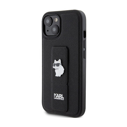 Karl Lagerfeld Gripstand Saffiano Choupette Pins – „iPhone 15 Plus“ dėklas (juodas)