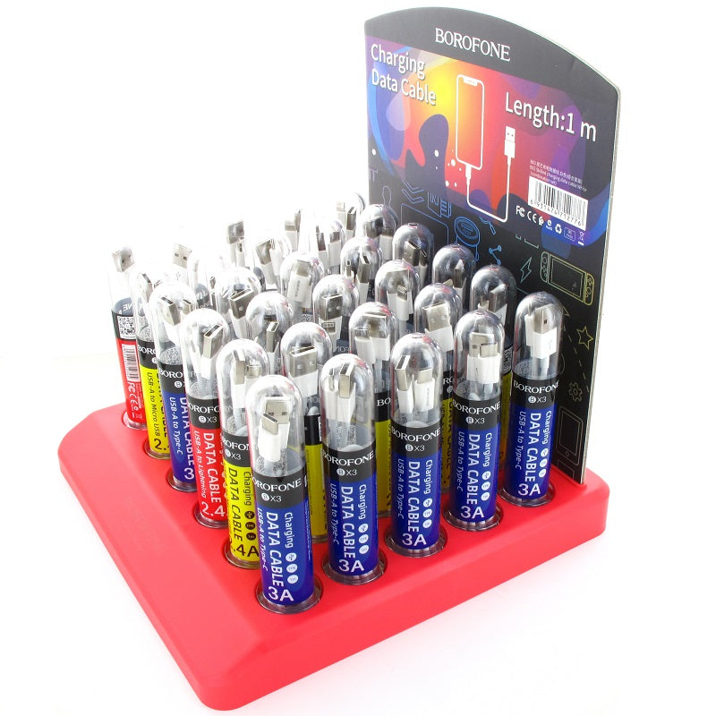 Borofone - kabelių rinkinys, supakuotas į tūbeles, ant stalviršio stovo