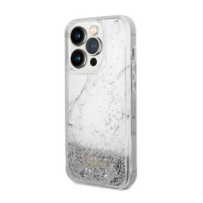 Guess Liquid Glitter Marble – Dėklas, skirtas iPhone 14 Pro Max (baltas)