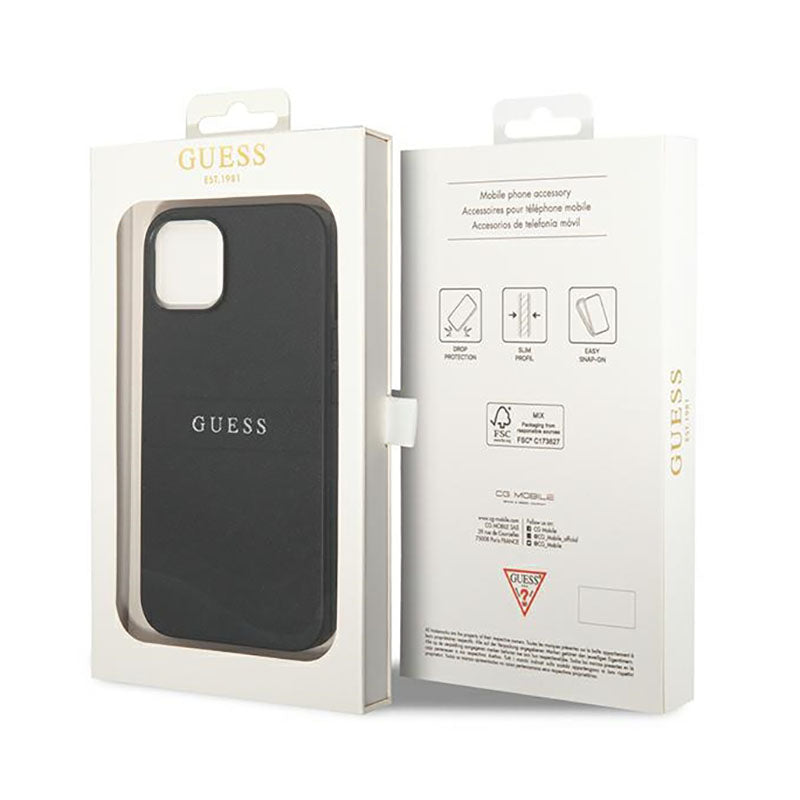 Guess Saffiano Metal Logo Stripes – dėklas, skirtas „iPhone 14 Plus“ (juodas)