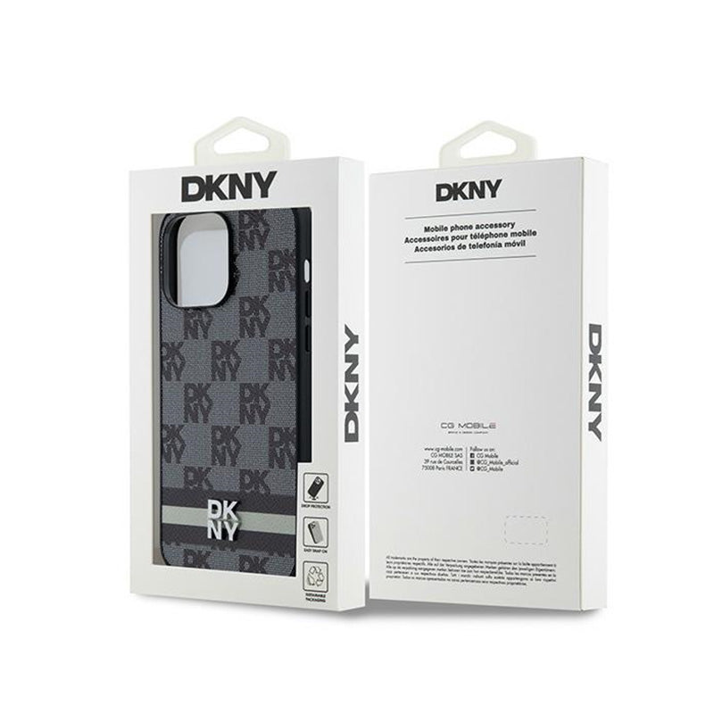 DKNY Odinis dėklas iPhone 14 Pro Max – Languotas vienspalvis raštas ir atspausdintos juostelės (juodas)