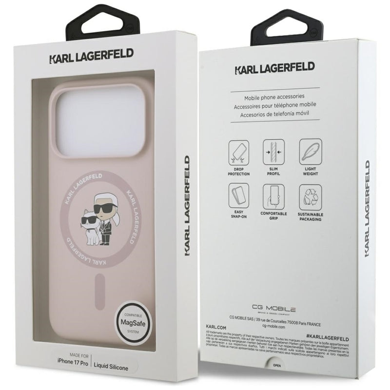 Karl Lagerfeld Silikoninis dėklas su Karl & Choupette žiedu MagSafe iPhone 17 Pro (rožinis)
