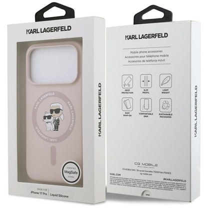 Karl Lagerfeld Silikoninis dėklas su Karl & Choupette žiedu MagSafe iPhone 17 Pro (rožinis)