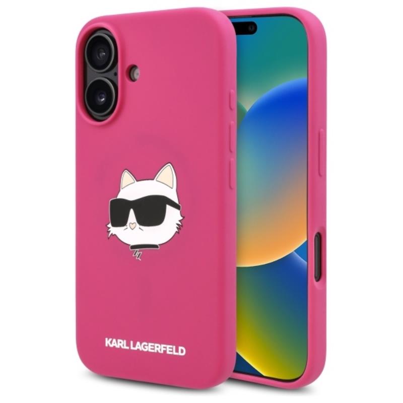 Karl Lagerfeld Silicone Choupette Head Print MagSafe – dėklas, skirtas iPhone 16 (fuksijos spalvos)