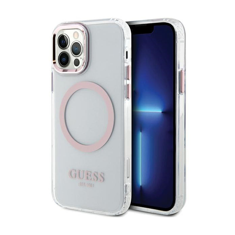 Guess Metal Outline MagSafe – „iPhone 12“ / „iPhone 12 Pro“ dėklas (permatomas / rožinis)