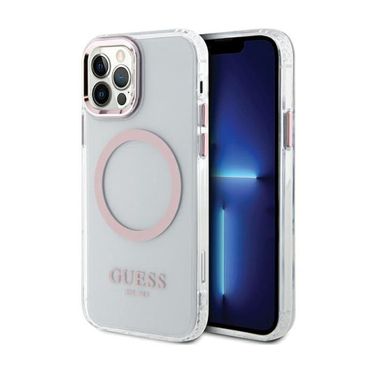 Guess Metal Outline MagSafe – „iPhone 12“ / „iPhone 12 Pro“ dėklas (permatomas / rožinis)