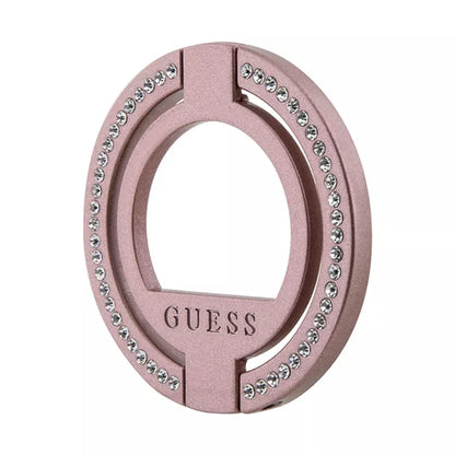 Guess MagSafe žiedo laikiklis su cirkoniais - Magnetinis pirštų laikiklis telefonui su stovo funkcija (Rožinė)