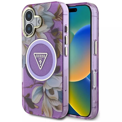 Guess Glitter Flowers Triangle Buttons MagSafe – dėklas, skirtas iPhone 16 (violetinė)