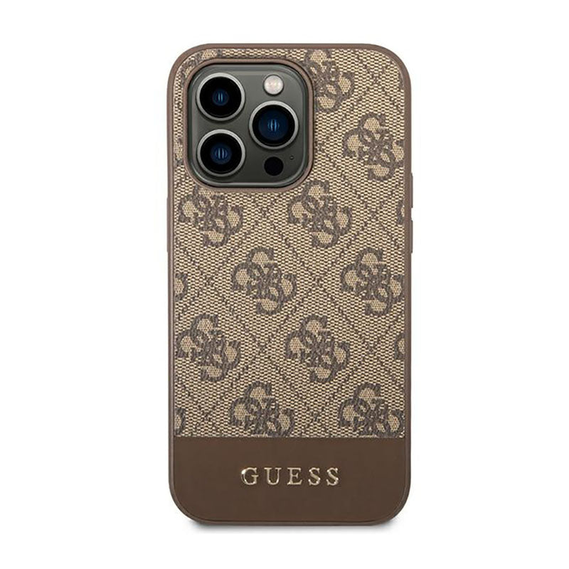 Guess 4G Bottom Stripe Metal Logo Collection – Dėklas, skirtas iPhone 14 Pro (rudas)
