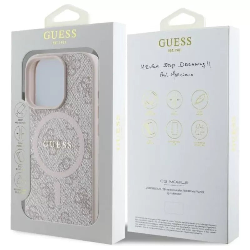 Guess 4G Ring Classic Logo MagSafe – dėklas iPhone 16 Pro Max (rožinis)