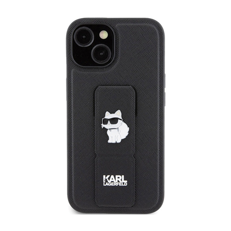 Karl Lagerfeld Gripstand Saffiano Choupette Pins – „iPhone 15 Plus“ dėklas (juodas)
